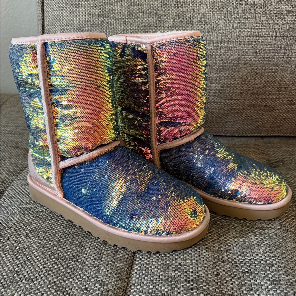 UGG Cosmic Multicolor Sequin Boots with Pink Trim/Accents